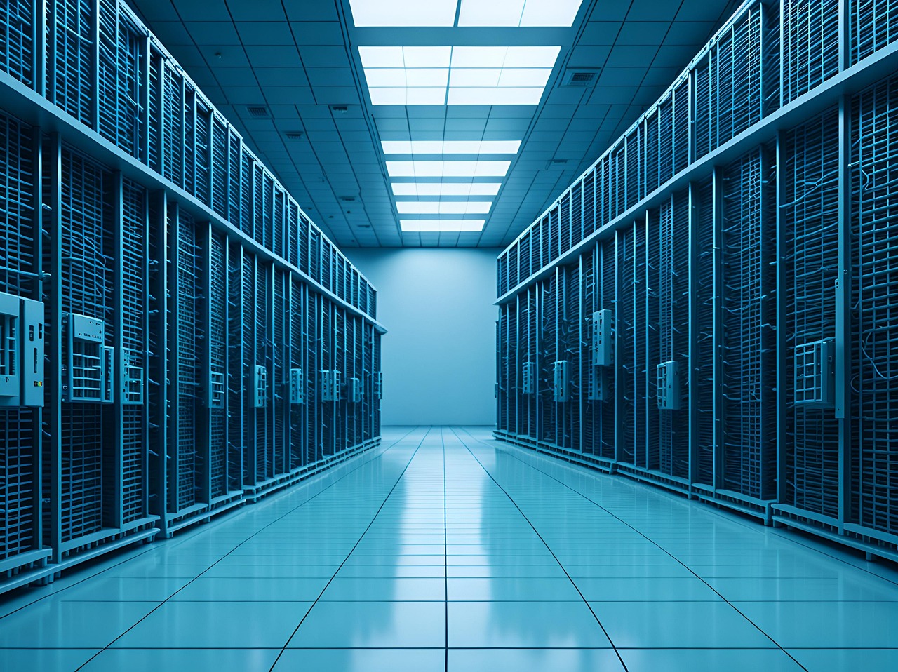 Interior of data centre showing walls of servers, bathed in blue light