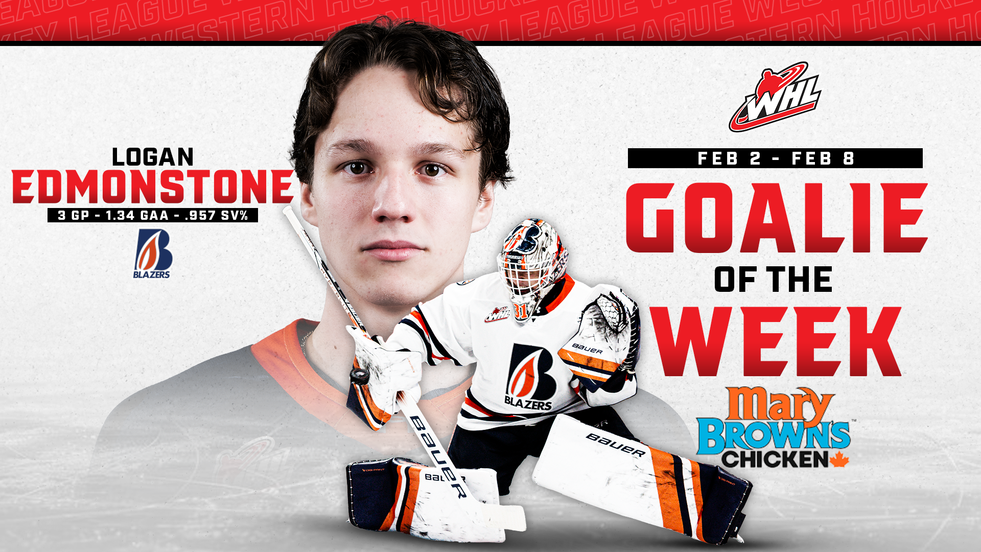 Blazers netminder Edmonstone named Mary Brown’s Chicken WHL Goaltender of the Week